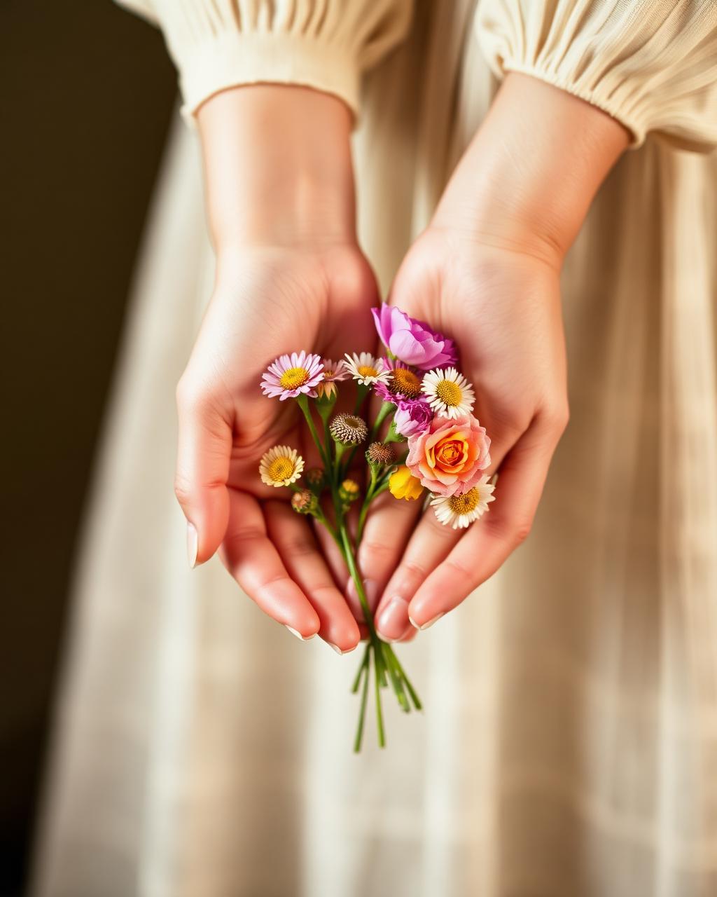 Mãos com flores
